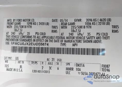 2014 Ford Escape Titanium from USA, damaged, VIN 1FMCU0JX2EUD55874